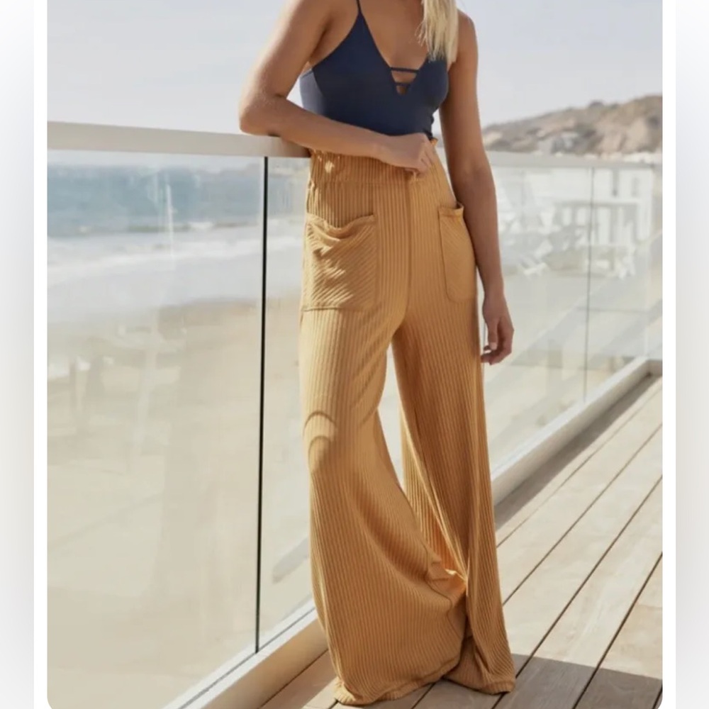 Free People Orange Ribbed Wide Leg Ruffle Waist Pants
